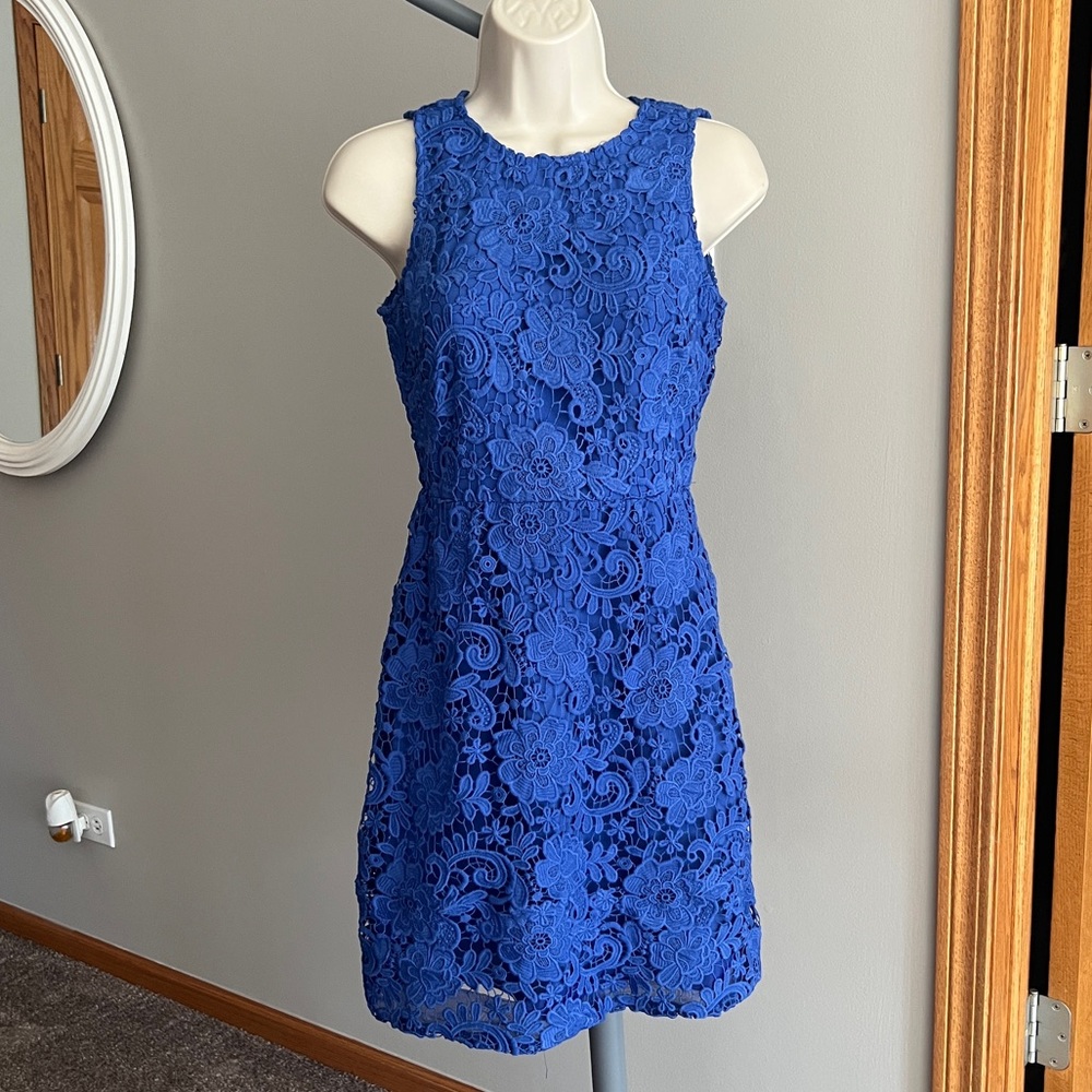 J Crew Blue Sleeveless Floral Crochet Lace Sheath Dress 00